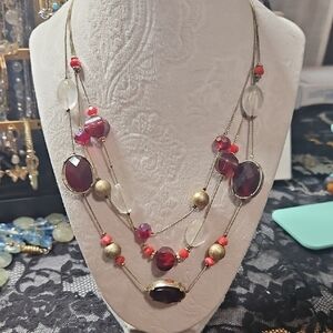 Elegant Multi-Layered Necklace with Red and Gold Accents